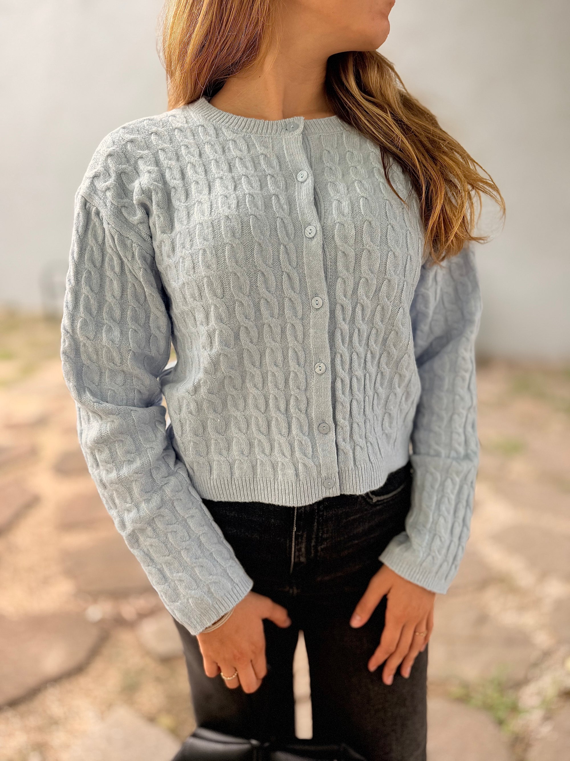Powder Blue Cable Knit Button Up Cardigan