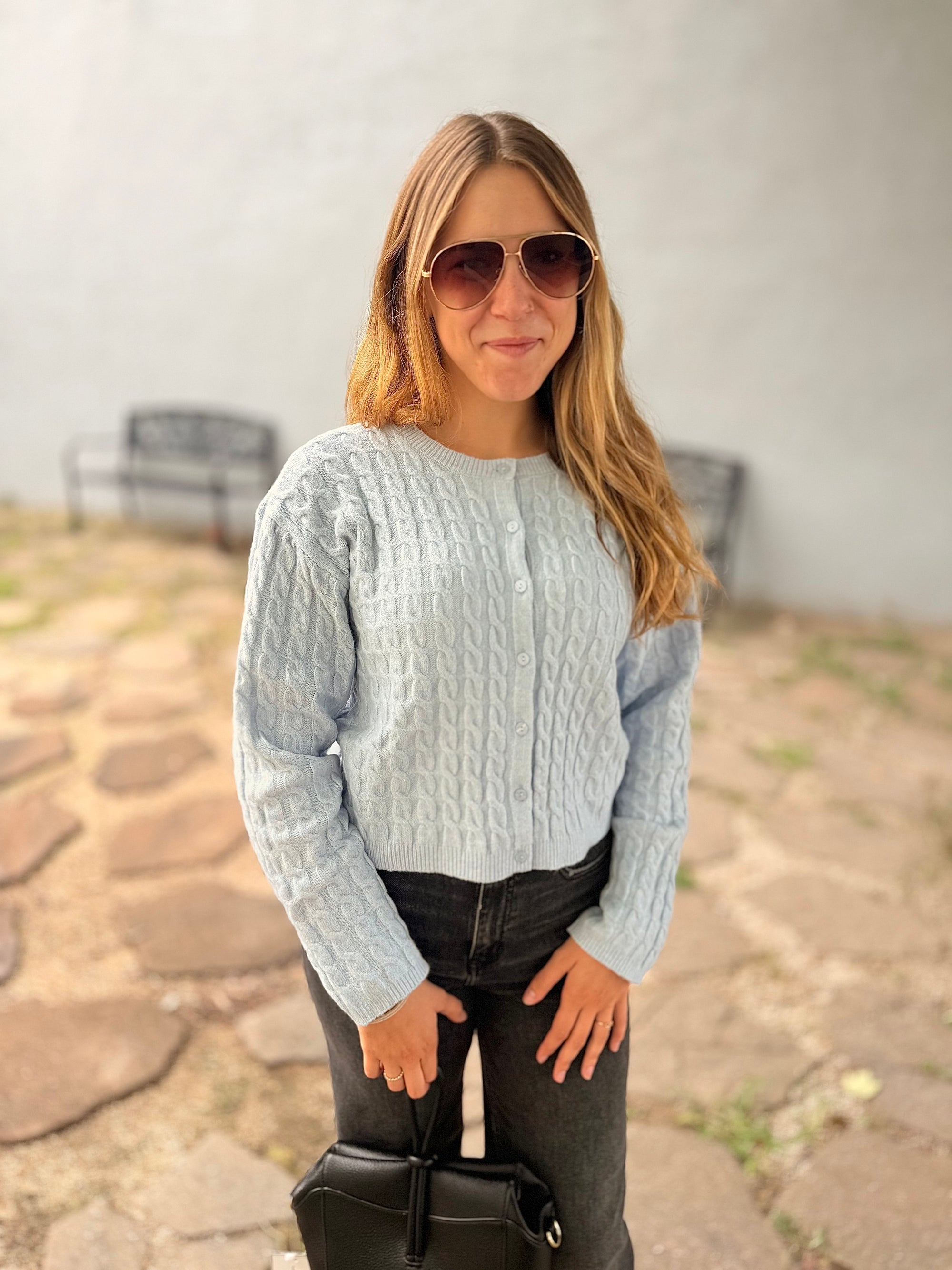 Powder Blue Cable Knit Button Up Cardigan