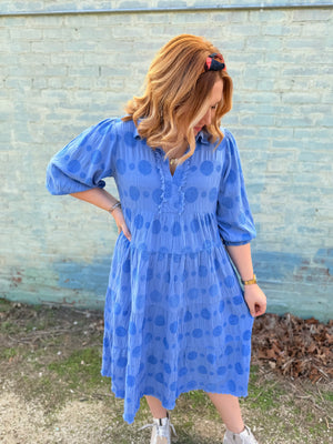 Blue Textured Collared Midi Dress