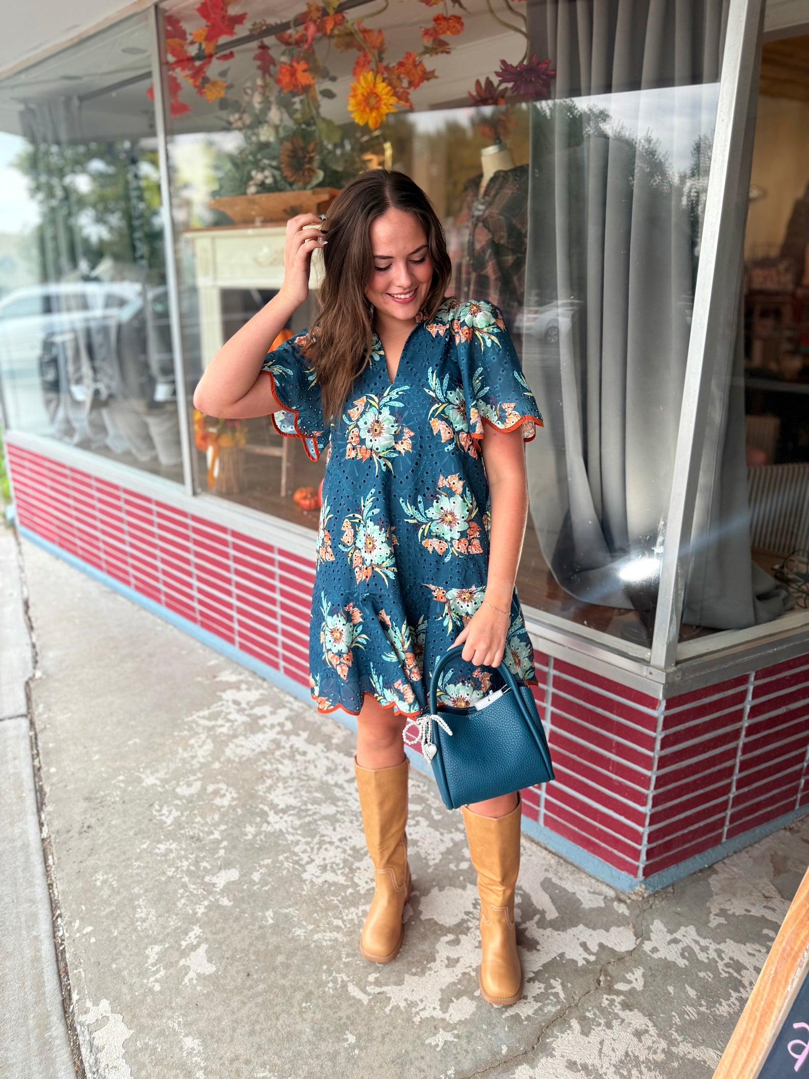 Entro Teal Floral Eyelet Lace Mini Dress