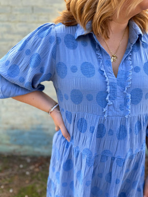 Blue Textured Collared Midi Dress