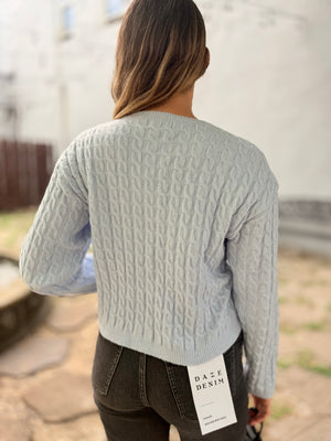 Powder Blue Cable Knit Button Up Cardigan