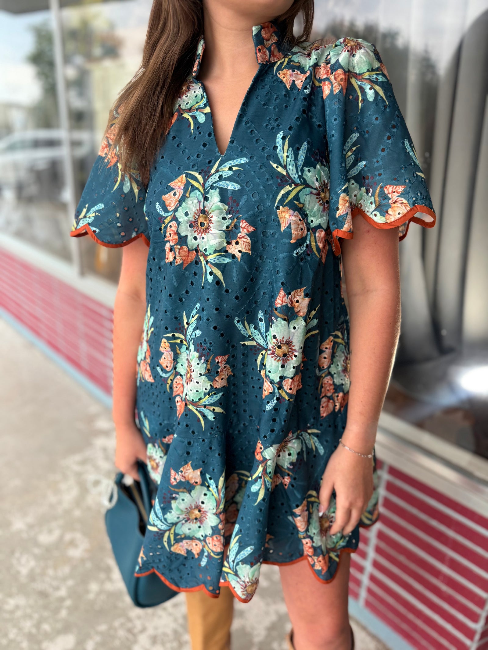 Entro Teal Floral Eyelet Lace Mini Dress