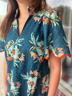 Entro Teal Floral Eyelet Lace Mini Dress