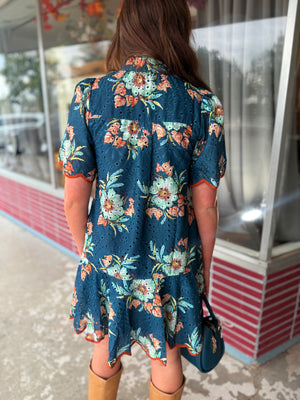 Entro Teal Floral Eyelet Lace Mini Dress
