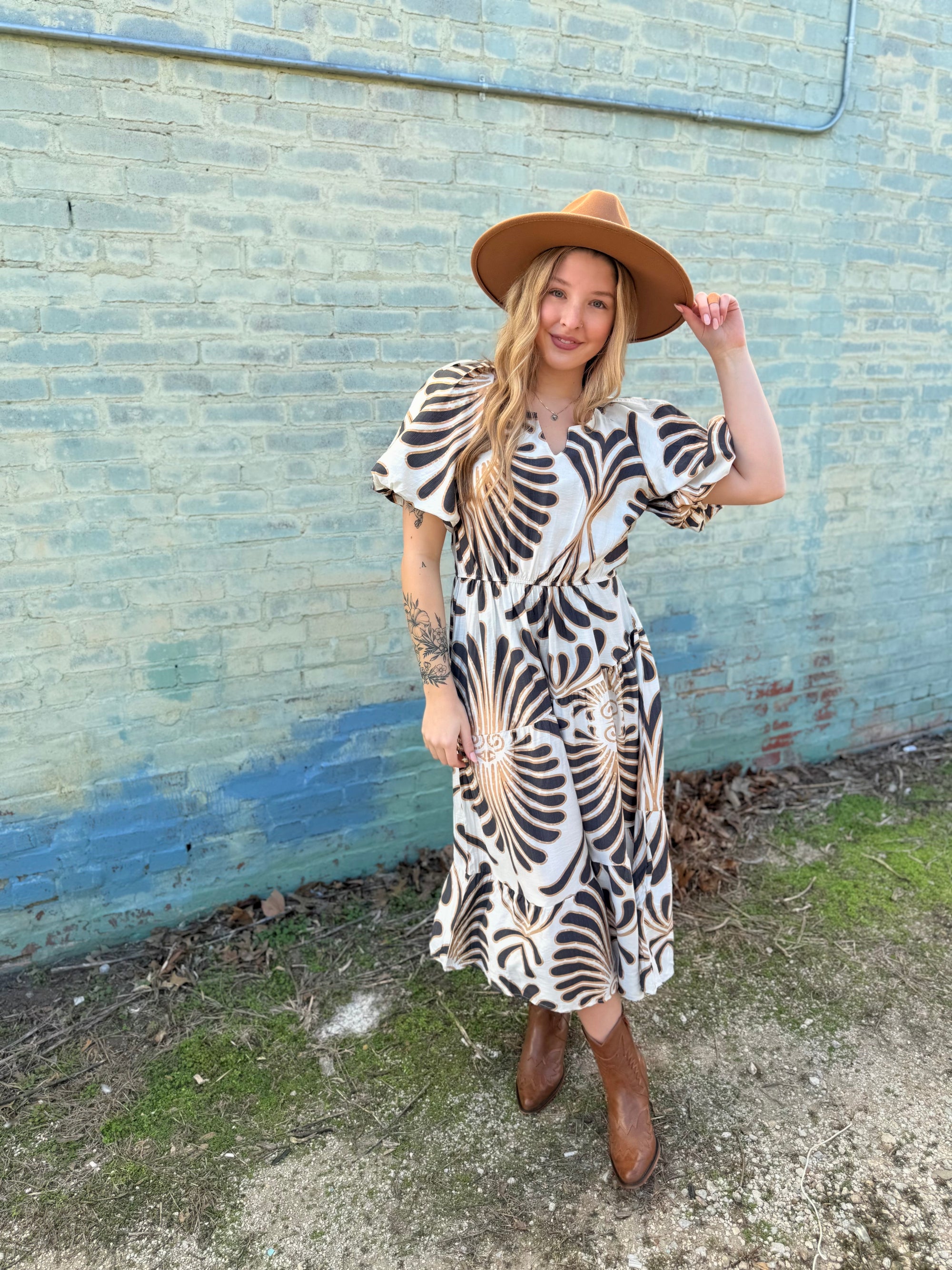 Neutral Tribal Tiered Midi Dress