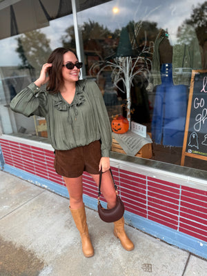 Entro Olive Satin Padded Shoulder Blouse w/ Front Bubble Hem