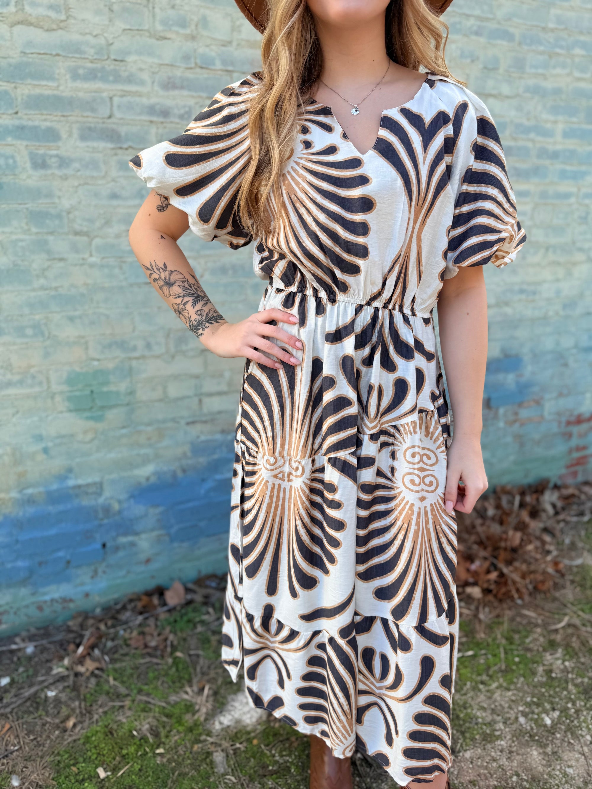 Neutral Tribal Tiered Midi Dress