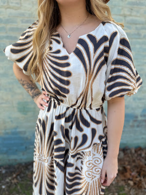 Neutral Tribal Tiered Midi Dress