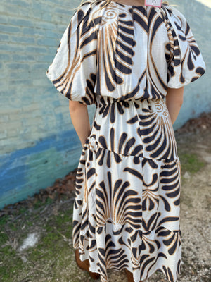 Neutral Tribal Tiered Midi Dress