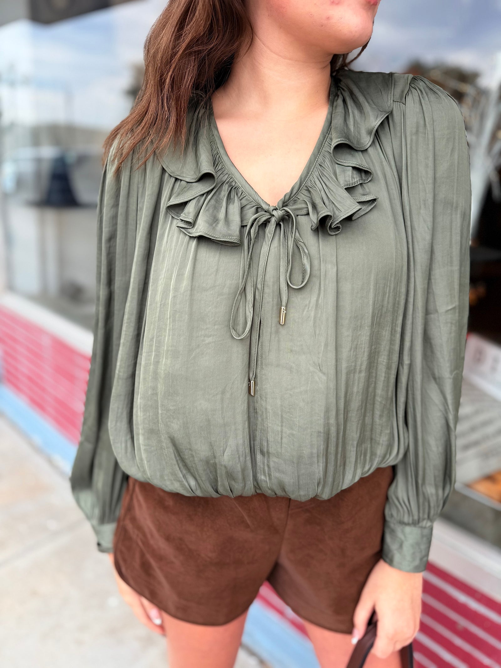 Entro Olive Satin Padded Shoulder Blouse w/ Front Bubble Hem