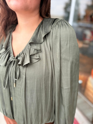Entro Olive Satin Padded Shoulder Blouse w/ Front Bubble Hem