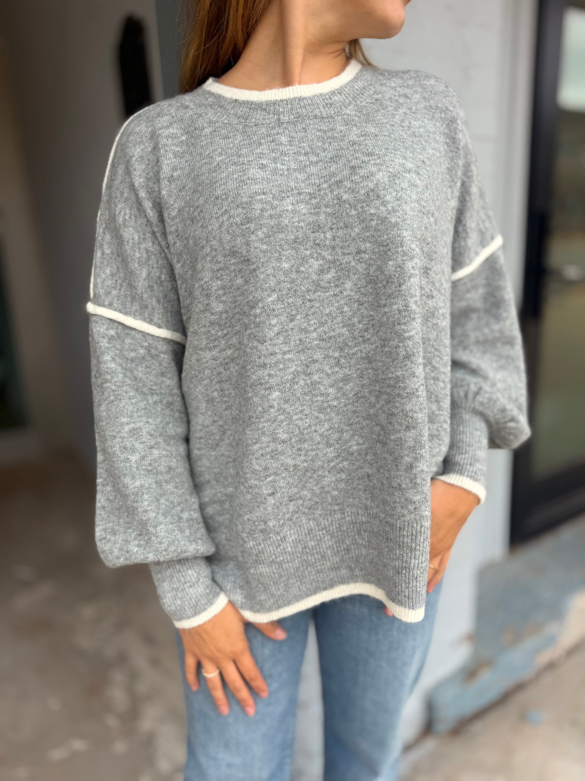 Heather Grey Contrast Sweater w/ Side Slits