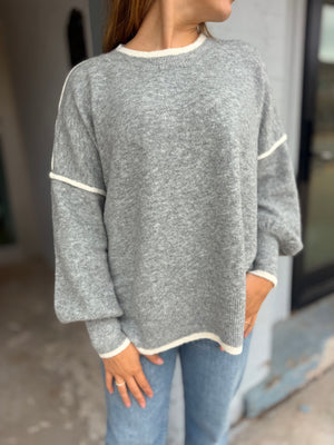 Heather Grey Contrast Sweater w/ Side Slits