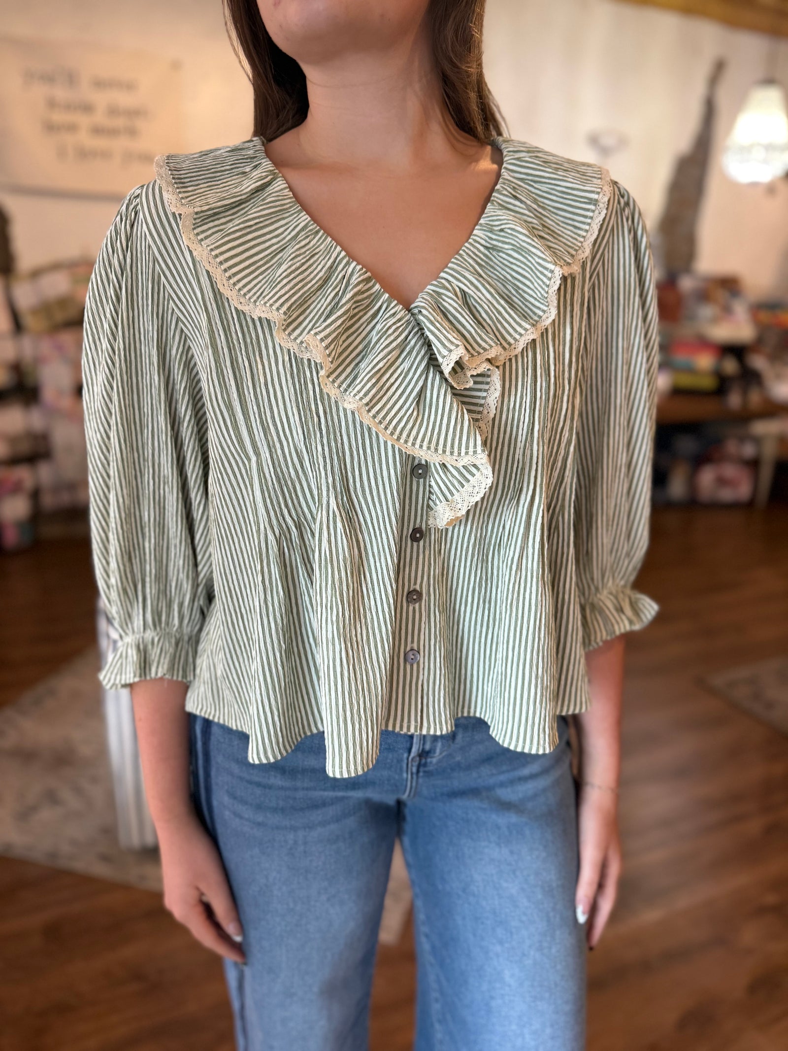 Entro Olive Stripe Balloon Sleeve Top w/ Ruffle + Button Detail
