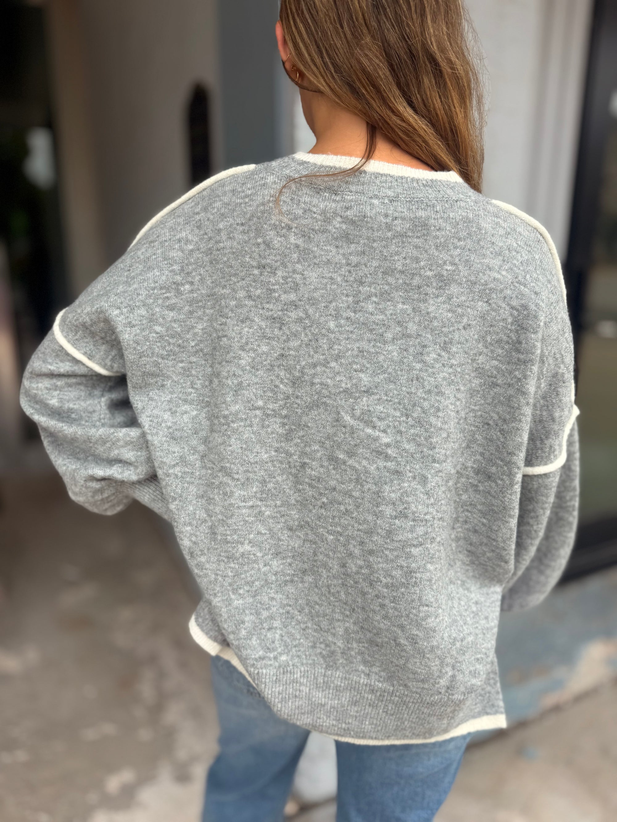 Heather Grey Contrast Sweater w/ Side Slits