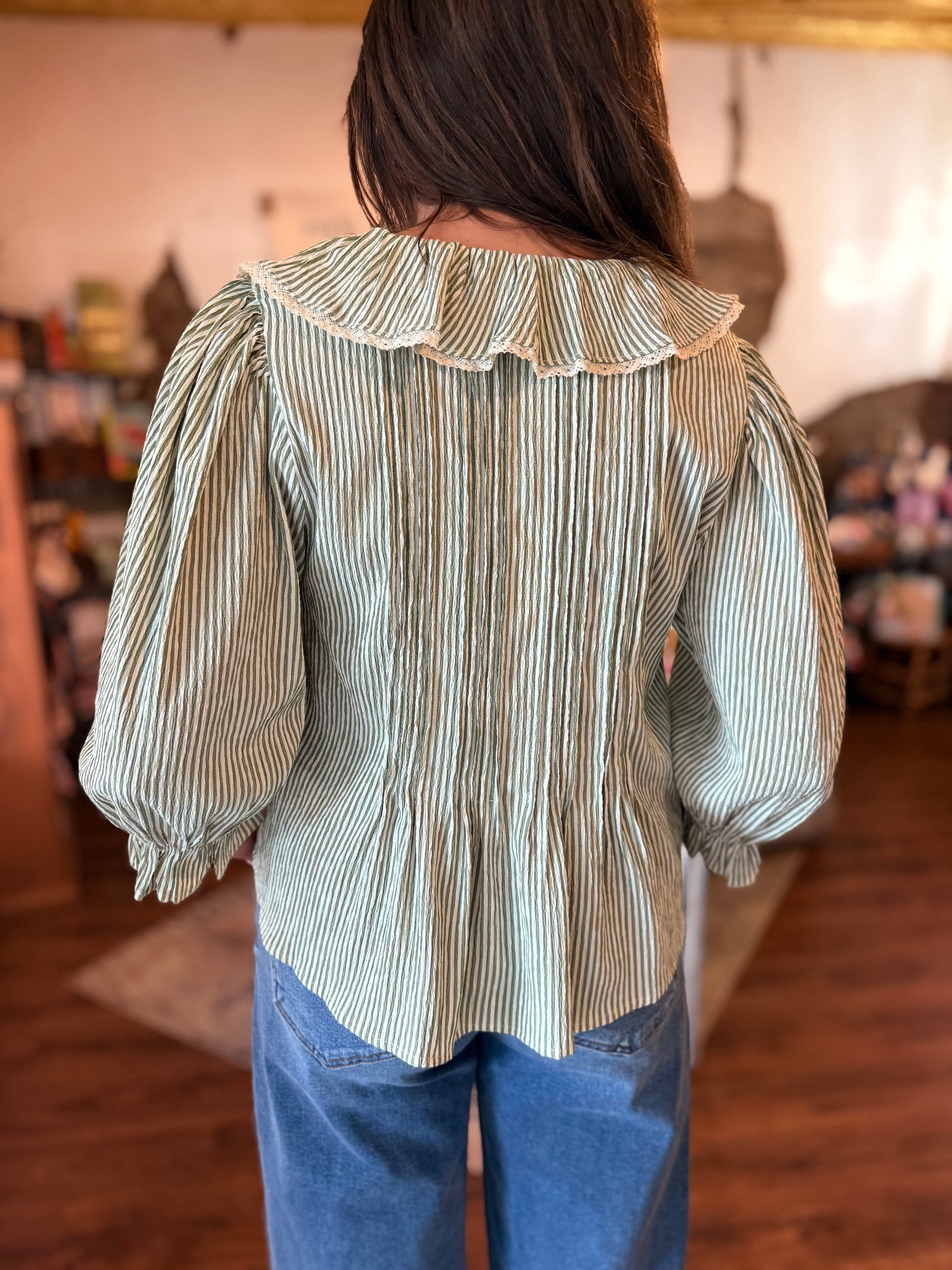 Entro Olive Stripe Balloon Sleeve Top w/ Ruffle + Button Detail