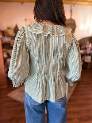Entro Olive Stripe Balloon Sleeve Top w/ Ruffle + Button Detail