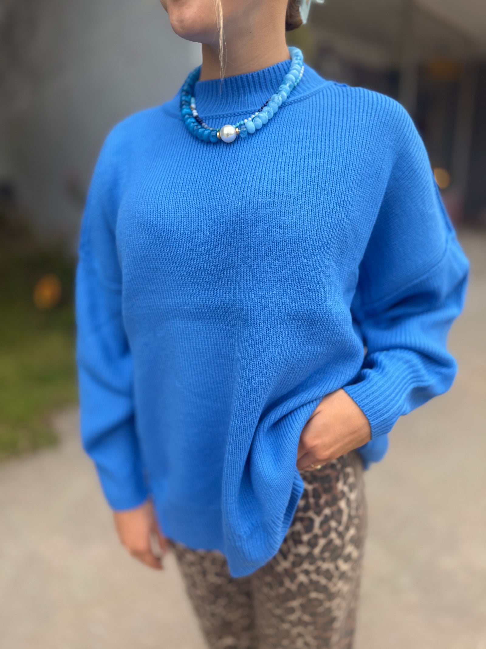 Blue Drop Shoulder Oversized Sweater