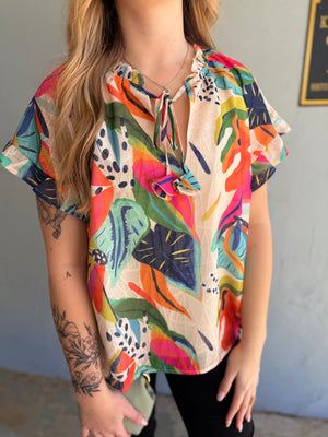 Colorful Lightweight Blouse w/ Tie Detail