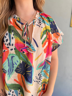 Colorful Lightweight Blouse w/ Tie Detail