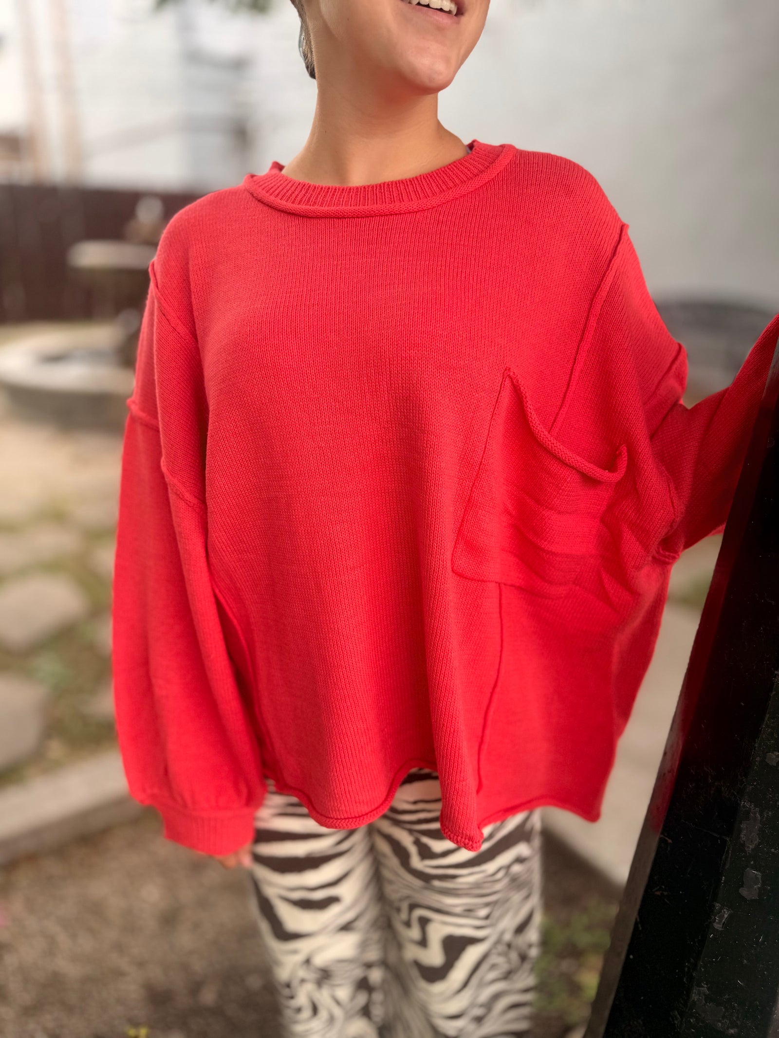 Red Coral Oversized Sweater w/ Front Pocket