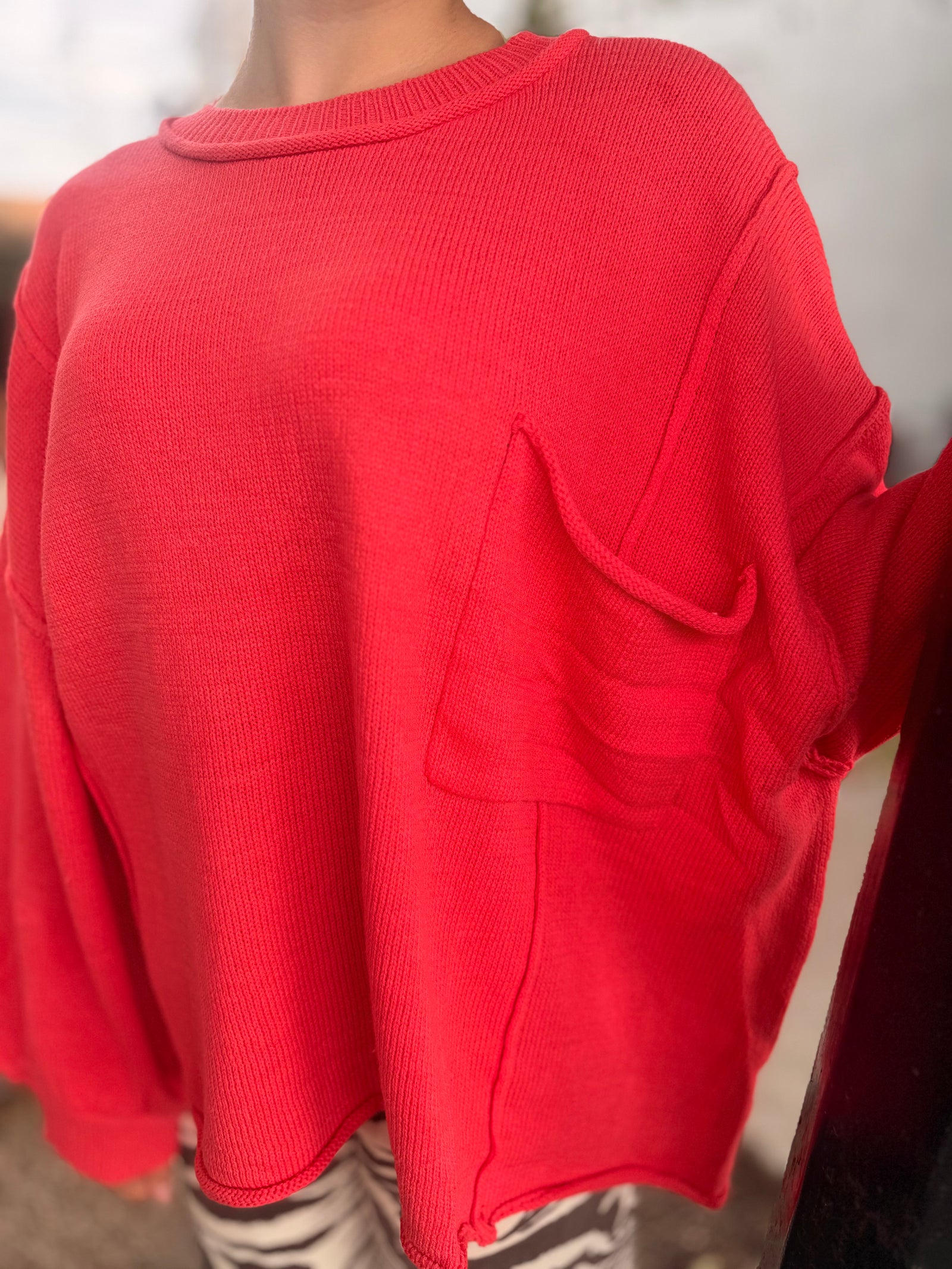 Red Coral Oversized Sweater w/ Front Pocket