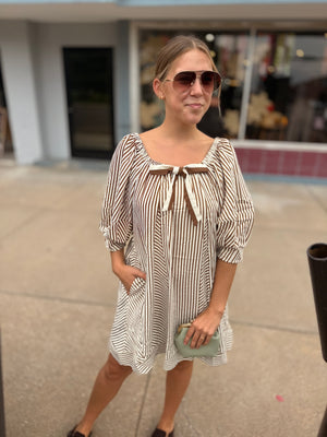 Brown Stripe Puff Sleeve Bow Mini Dress