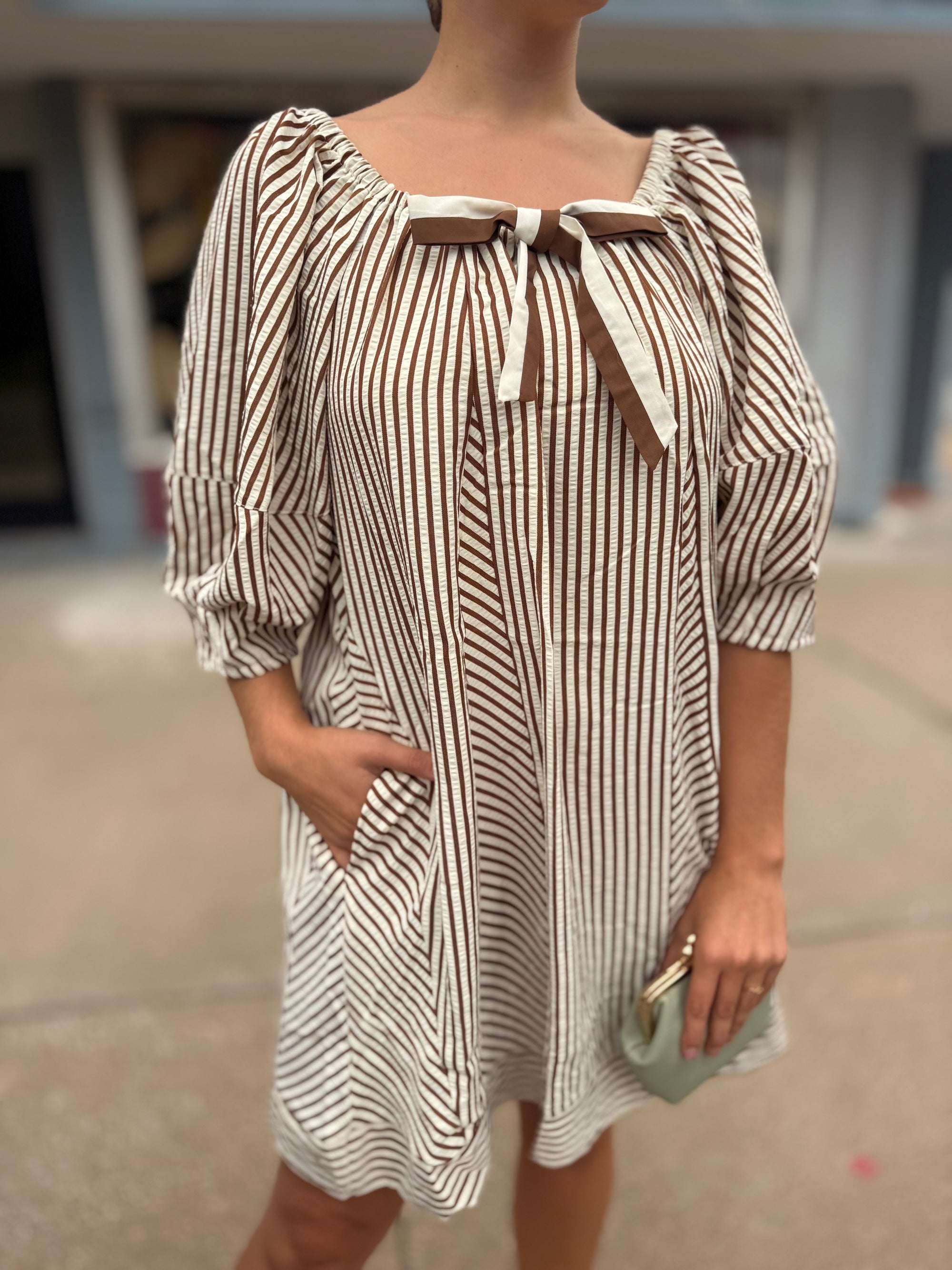 Brown Stripe Puff Sleeve Bow Mini Dress