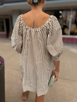 Brown Stripe Puff Sleeve Bow Mini Dress