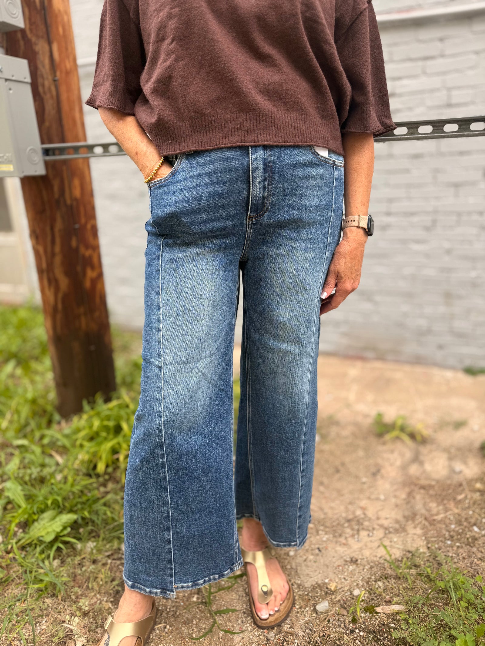 Risen Dark Wash High Rise Step Hem Jeans