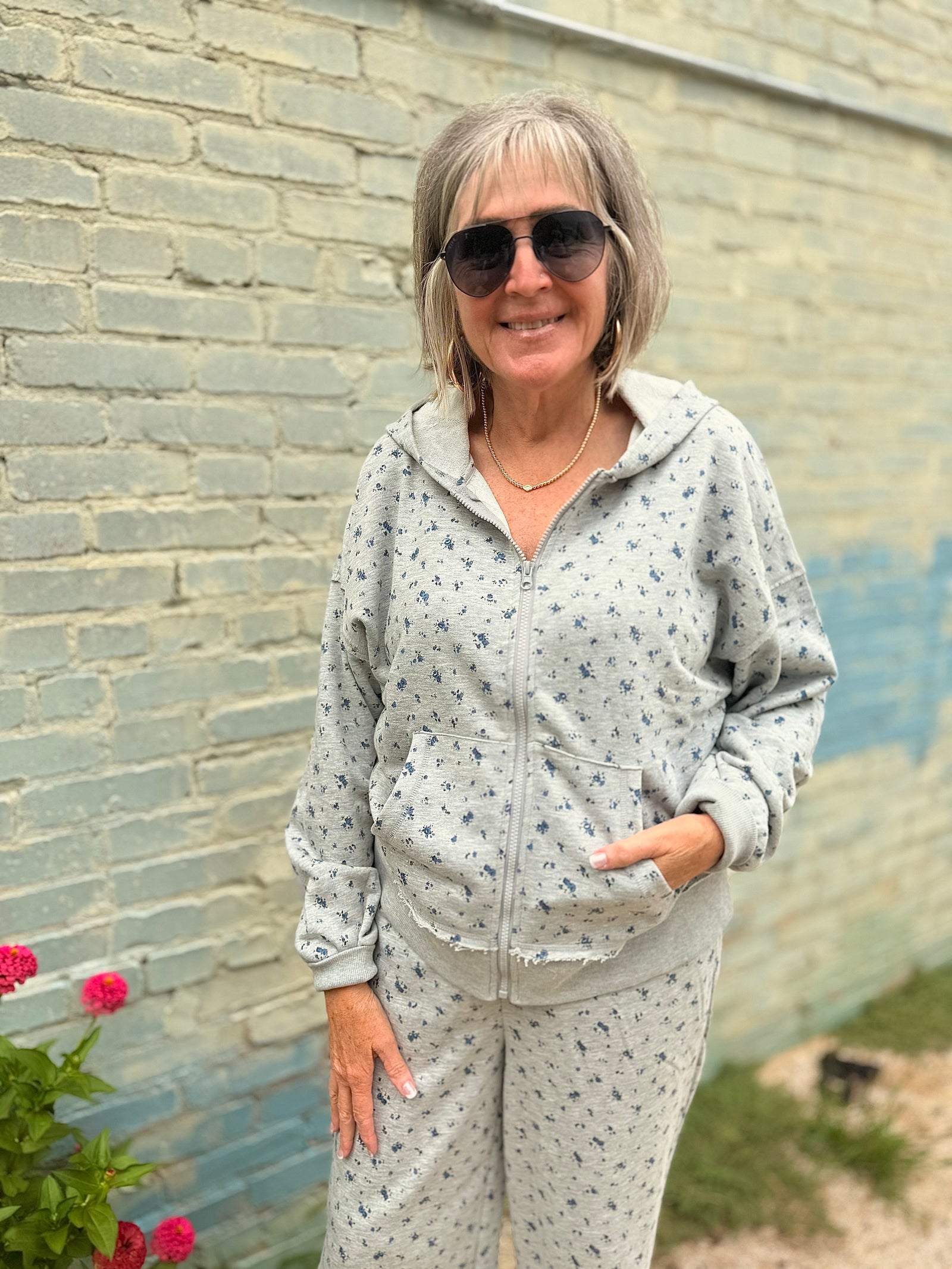 Heather Grey Floral Full Zip Hooded Top