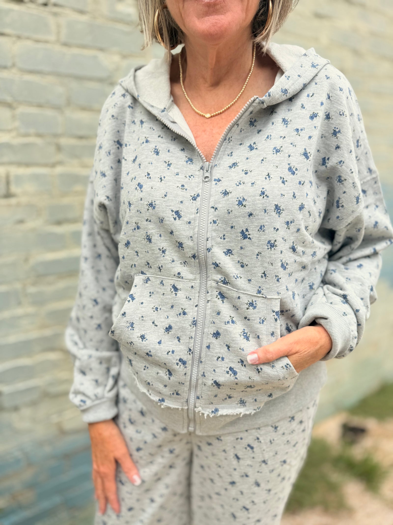 Heather Grey Floral Full Zip Hooded Top