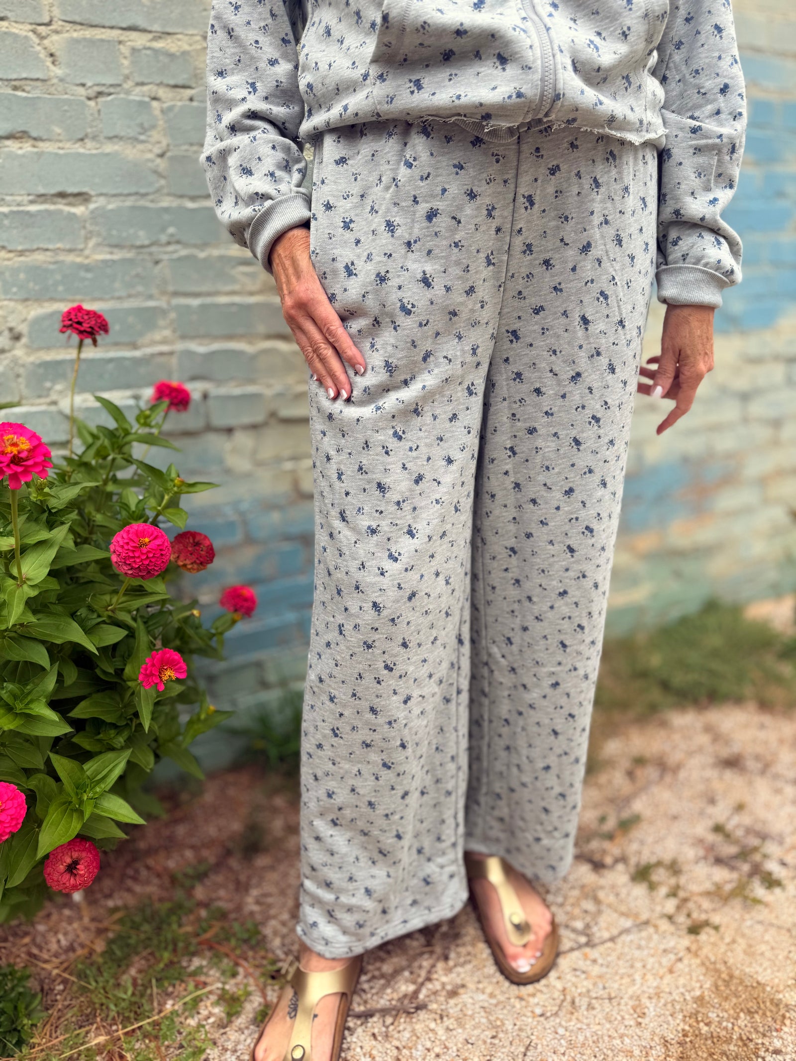 Heather Grey Floral Wide Leg Lounge Pant