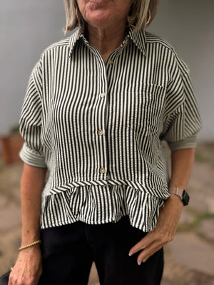 Black Stripe Ruffled Baby Doll Blouse