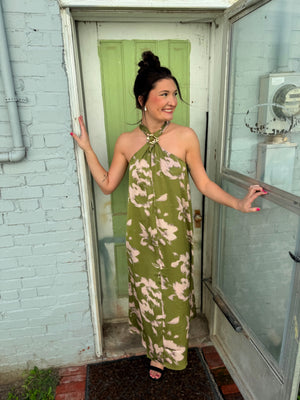 Entro Light Olive Floral Print Midi Dress w/ Ring Detail