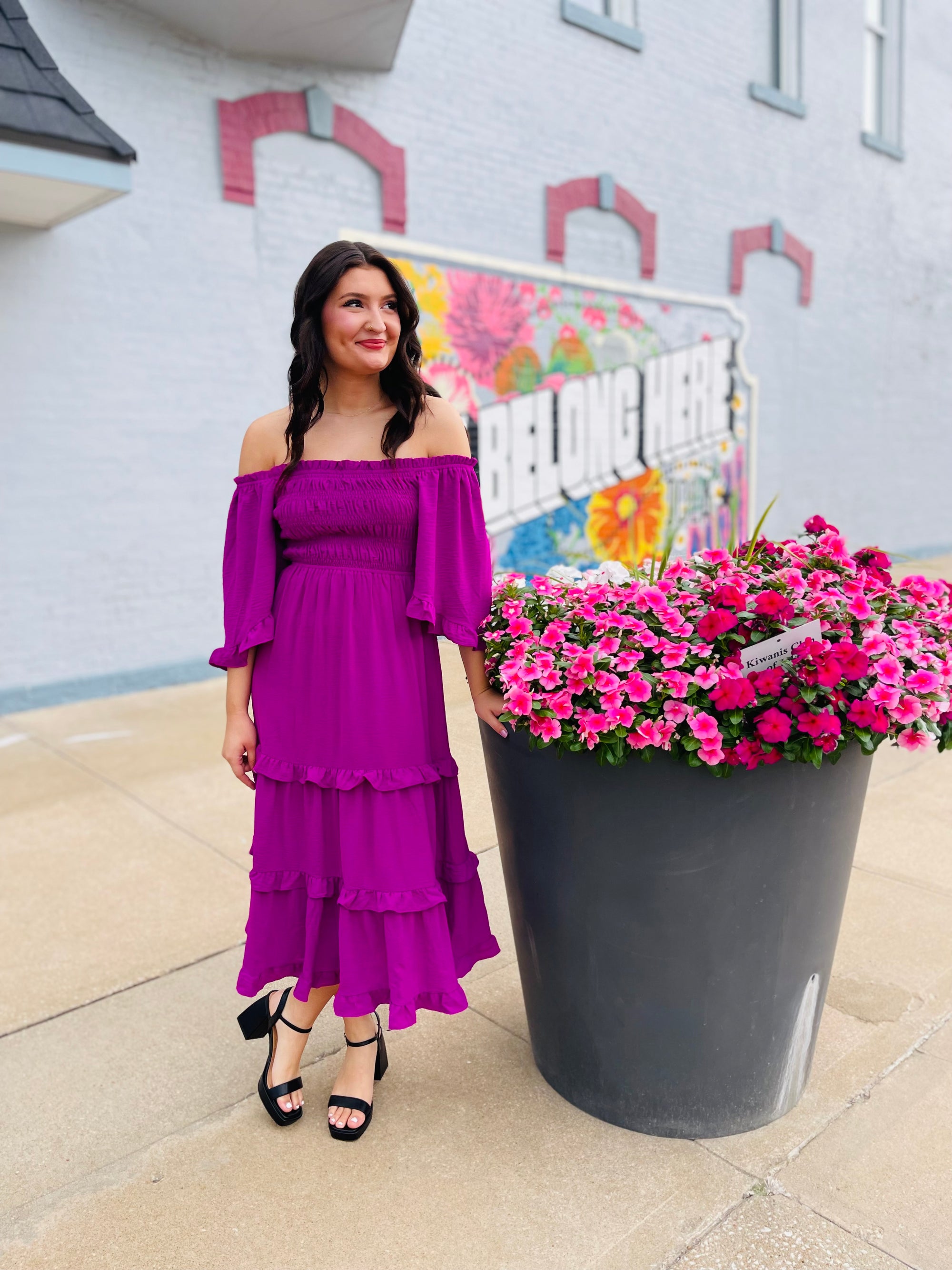 Violet Smocked Square Neck Tiered Midi Dress