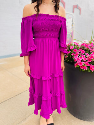 Violet Smocked Square Neck Tiered Midi Dress