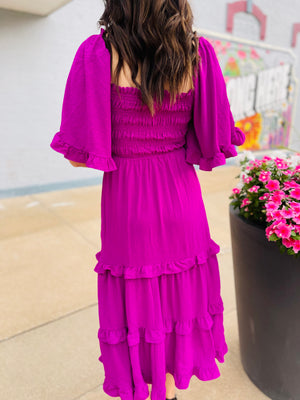 Violet Smocked Square Neck Tiered Midi Dress