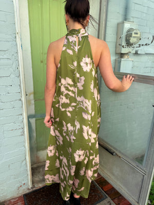 Entro Light Olive Floral Print Midi Dress w/ Ring Detail