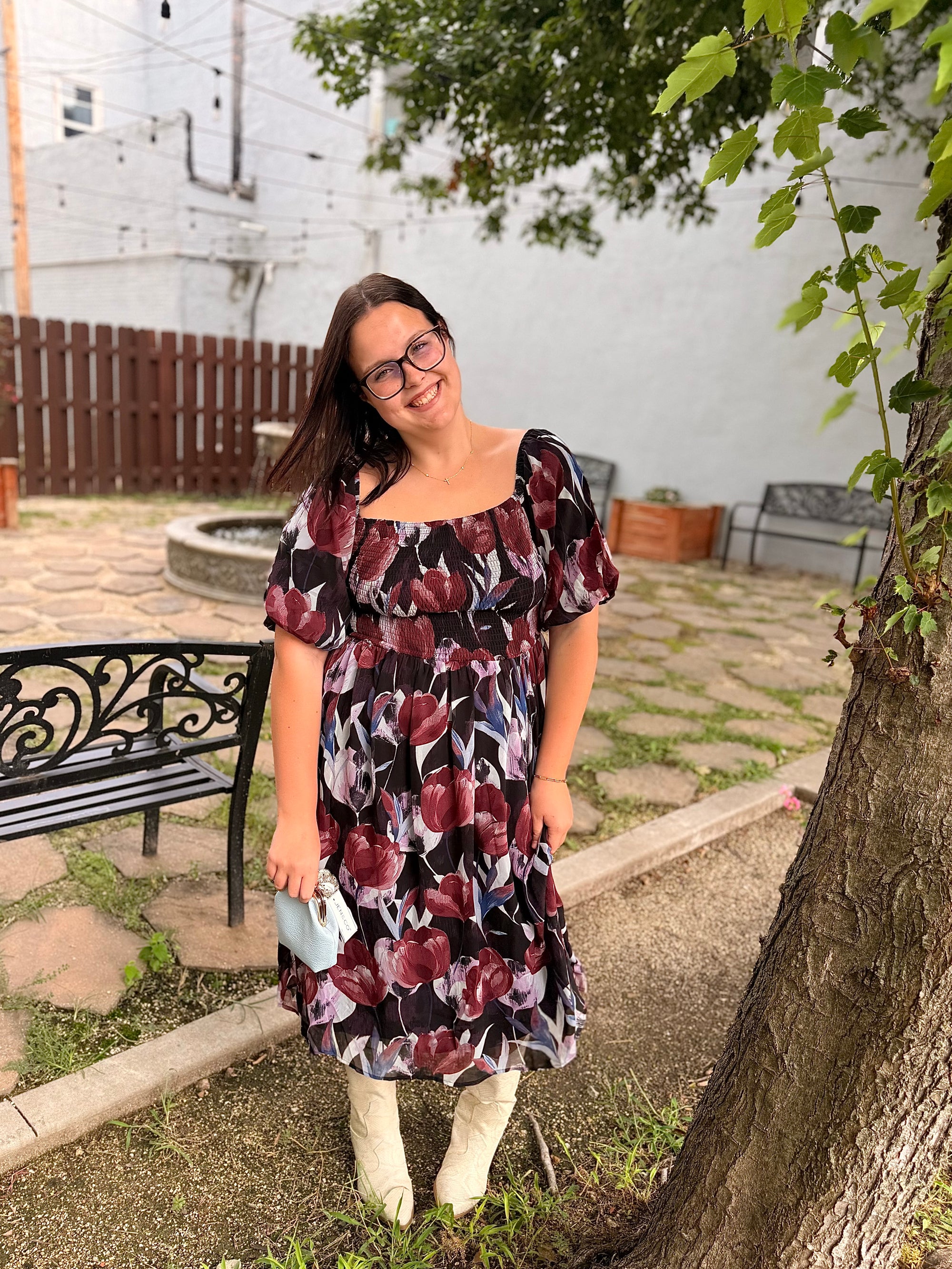 Black Plum Mix Floral Midi Dress