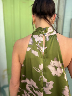 Entro Light Olive Floral Print Midi Dress w/ Ring Detail