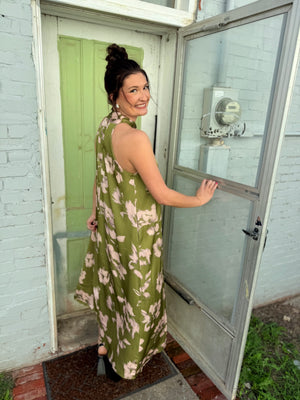 Entro Light Olive Floral Print Midi Dress w/ Ring Detail