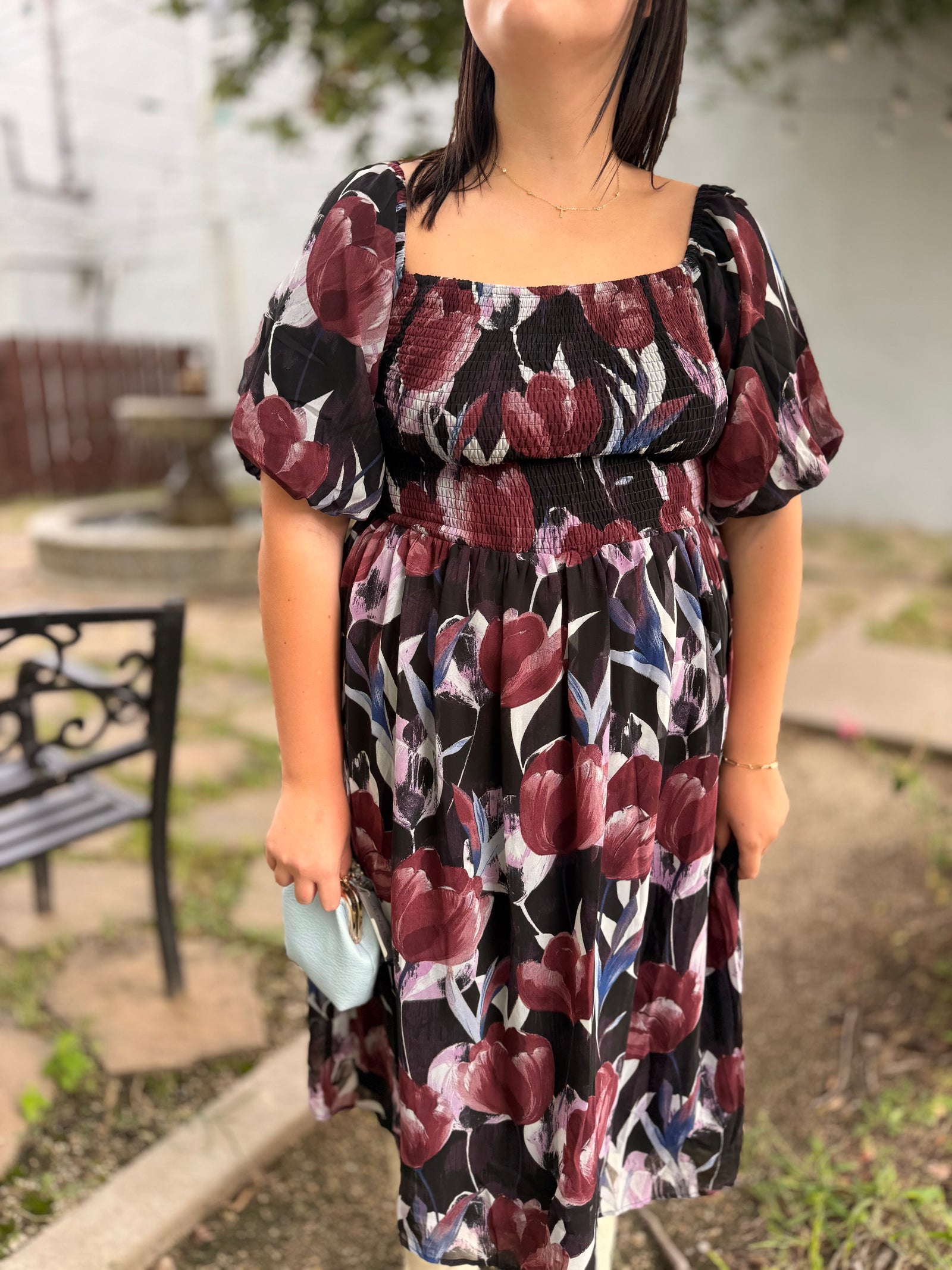 Black Plum Mix Floral Midi Dress