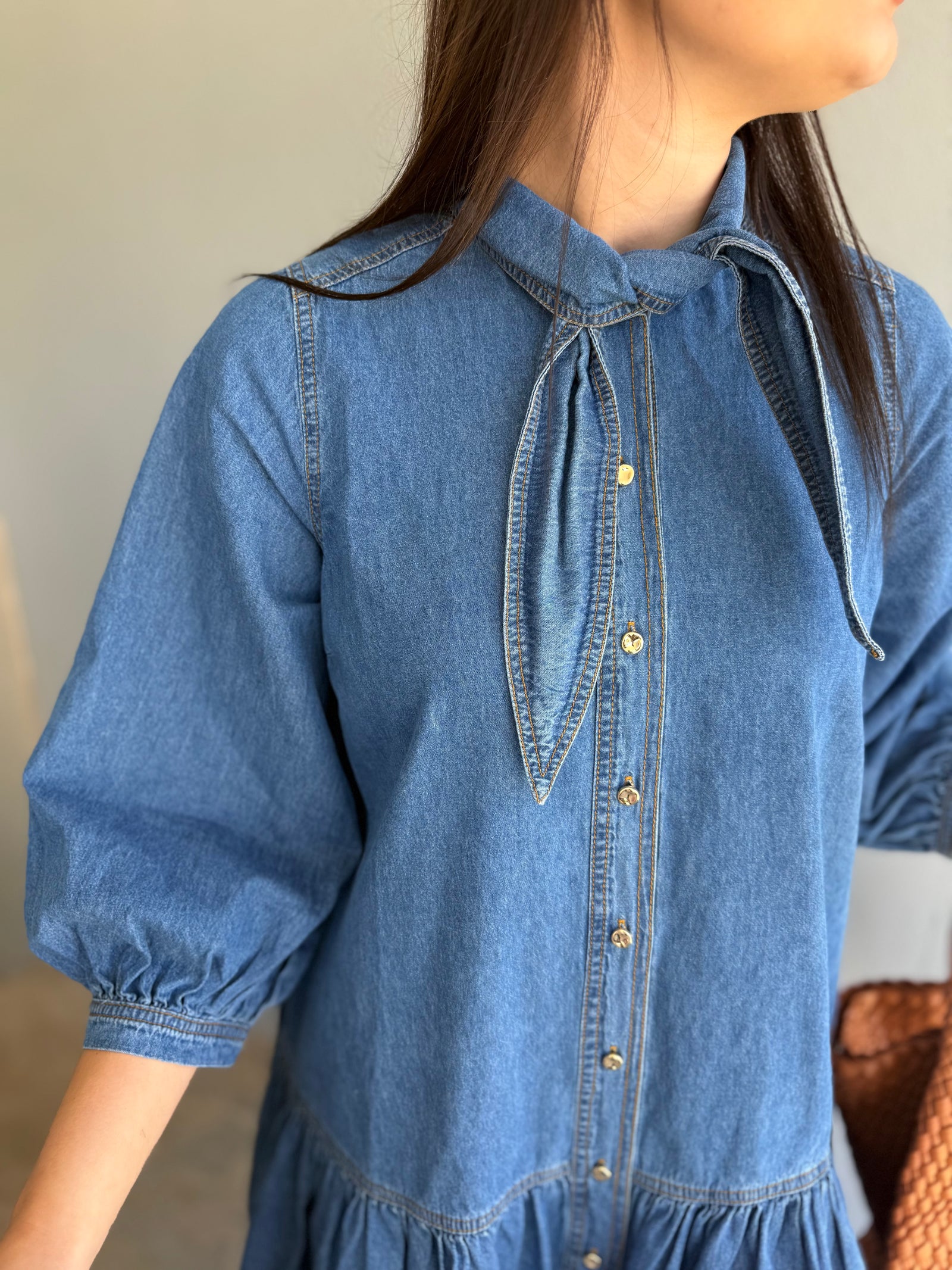 Entro Denim Mini Dress w/ Neck Tie + Gold Bottons
