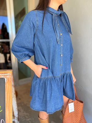 Entro Denim Mini Dress w/ Neck Tie + Gold Bottons