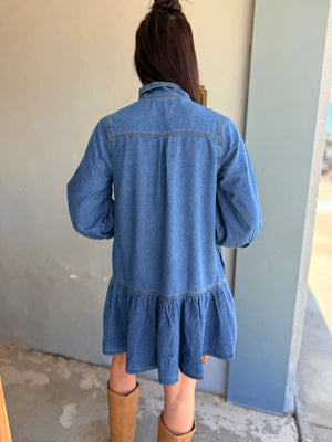 Entro Denim Mini Dress w/ Neck Tie + Gold Bottons