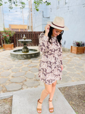 Mocha Vintage Floral Button Front Dress