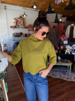 Entro Martini Olive Mock Neck Scallop Hem Sweater