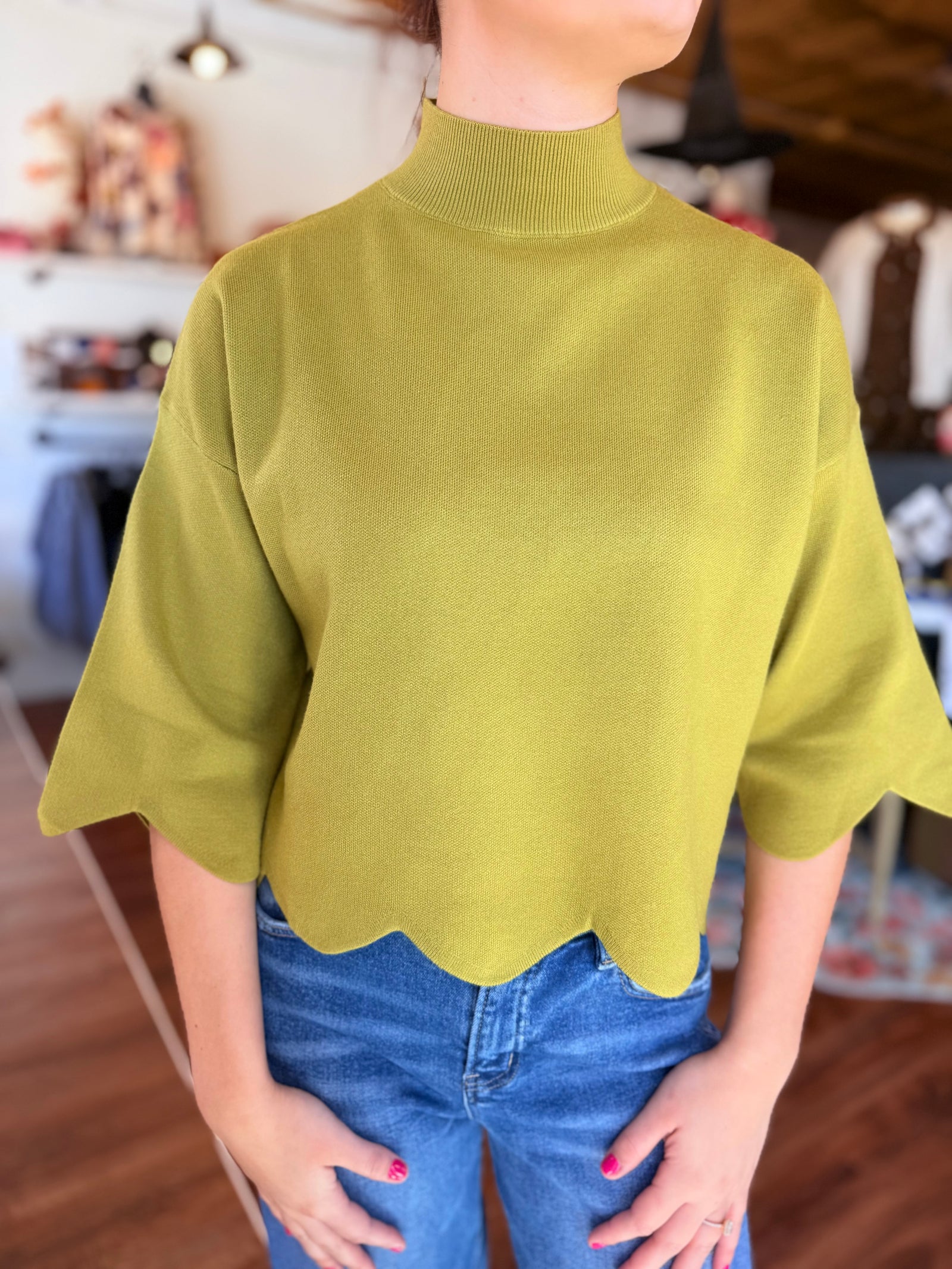 Entro Martini Olive Mock Neck Scallop Hem Sweater